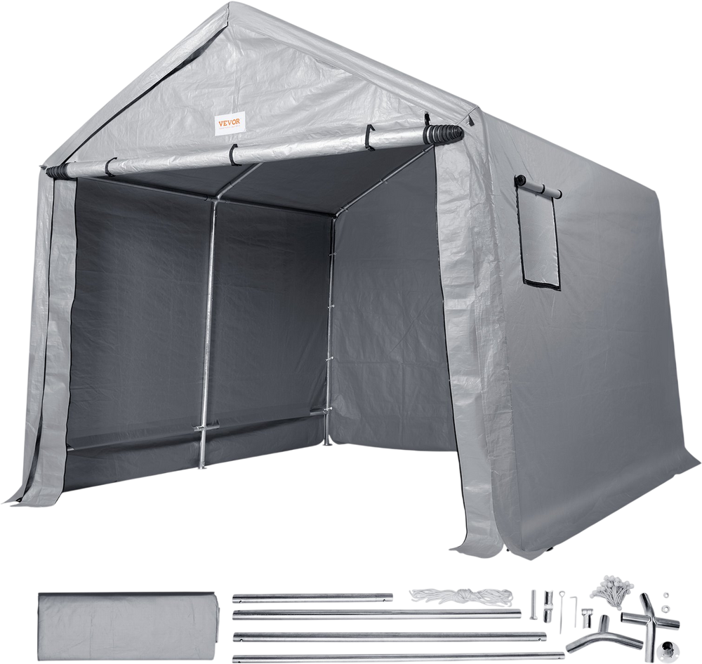 VEVOR Outdoor Storage Shed, 10 x 10 ft Portable Storage Tent with Roll-up Door, Waterproof Canopy Shed Shelter, Heavy Duty Frame, Patio Garage Carport for Motorcycle, Lawn Mower, Bike, Grey