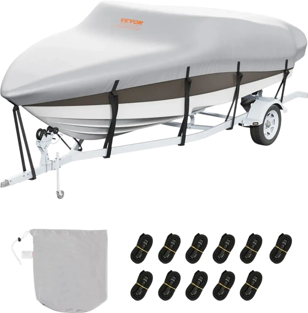 VEVOR Boat Cover, 14'-16' Trailerable Waterproof Boat Cover, 600D Marine Grade PU Oxford, with Motor Cover and Buckle Straps, for V-Hull, Tri-Hull, Fish Ski Boat, Runabout, Bass Boat, Grey