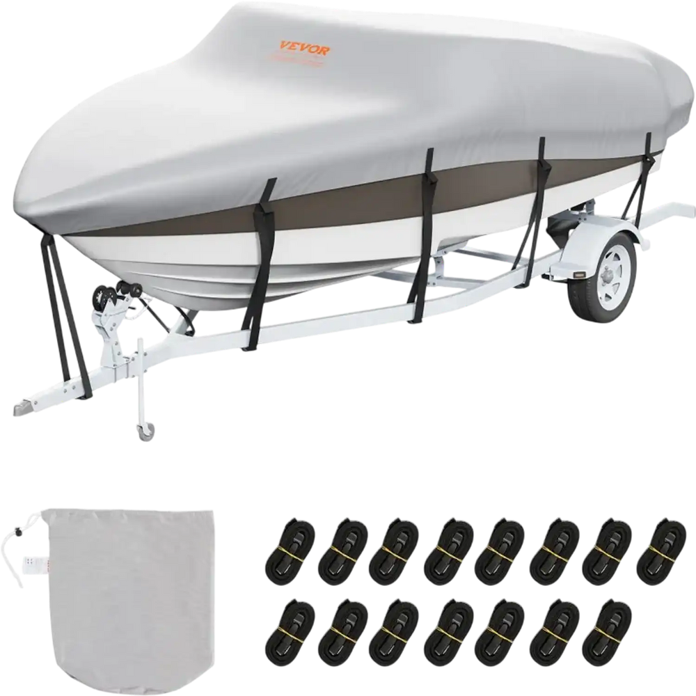 VEVOR Boat Cover, 20'-22' Trailerable Waterproof Boat Cover, 600D Marine Grade PU Oxford, with Motor Cover and Buckle Straps, for V-Hull, Tri-Hull, Fish Ski Boat, Runabout, Bass Boat, Grey