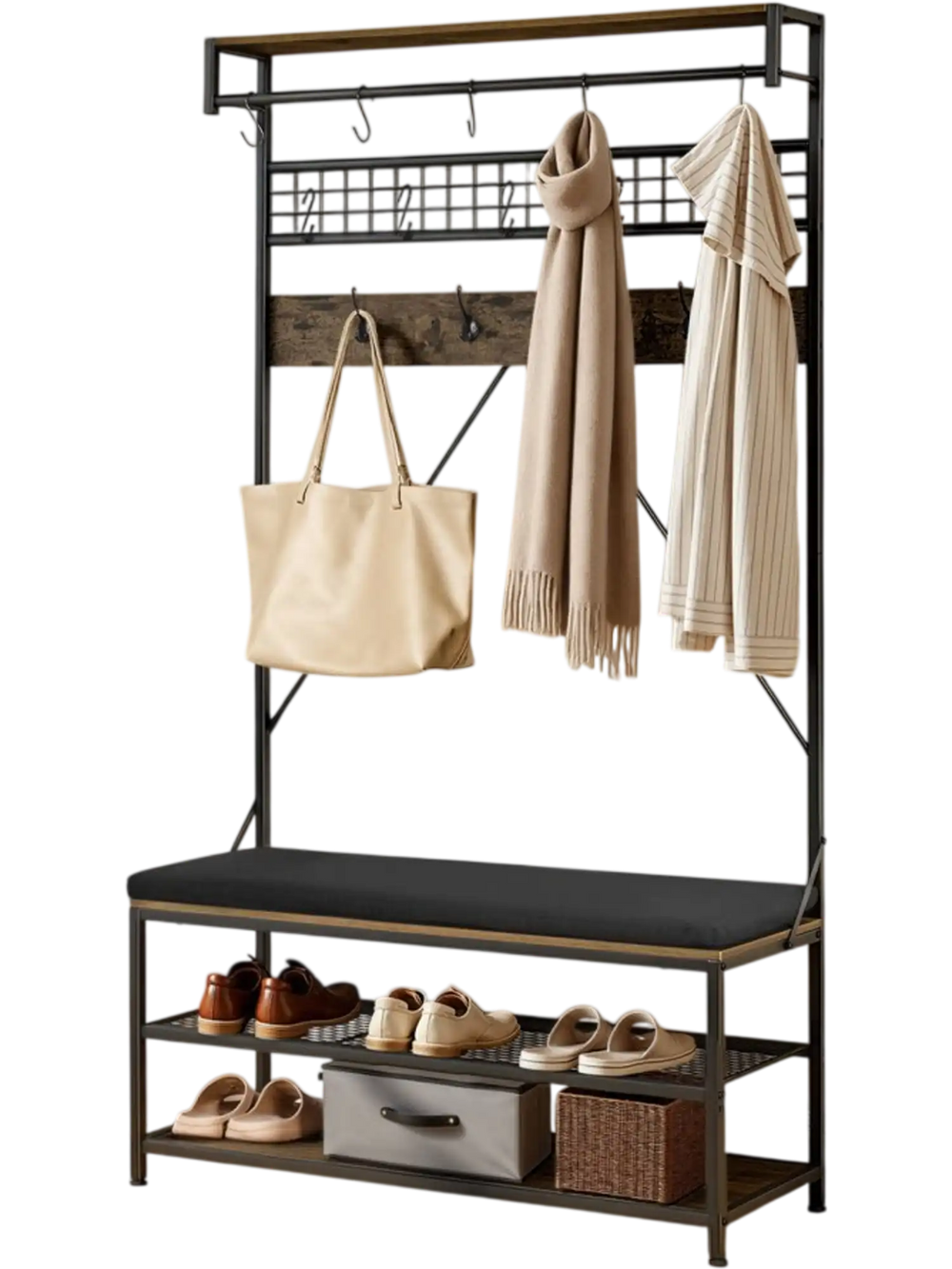 VEVOR Hall Tree, 72 in Coat Rack with Shoe Bench, 2-Tier Freestanding Shoe Rack Storage Organizer with Hooks, Hanging Rod and Wire Shelf, Steel Frame Entrance Coat Holder for Entry, Bedroom, Closet