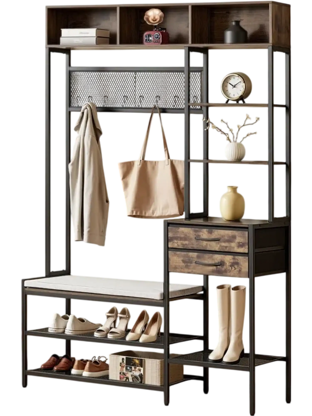 VEVOR Hall Tree, 70.9 in Coat Rack with Shoe Bench & 2 Drawers, 3-in-1 Freestanding Shoe Rack Storage Organizer with Bookshelf & Wire Shelf, Steel Frame Entrance Coat Holder for Entry, Bedroom, Closet