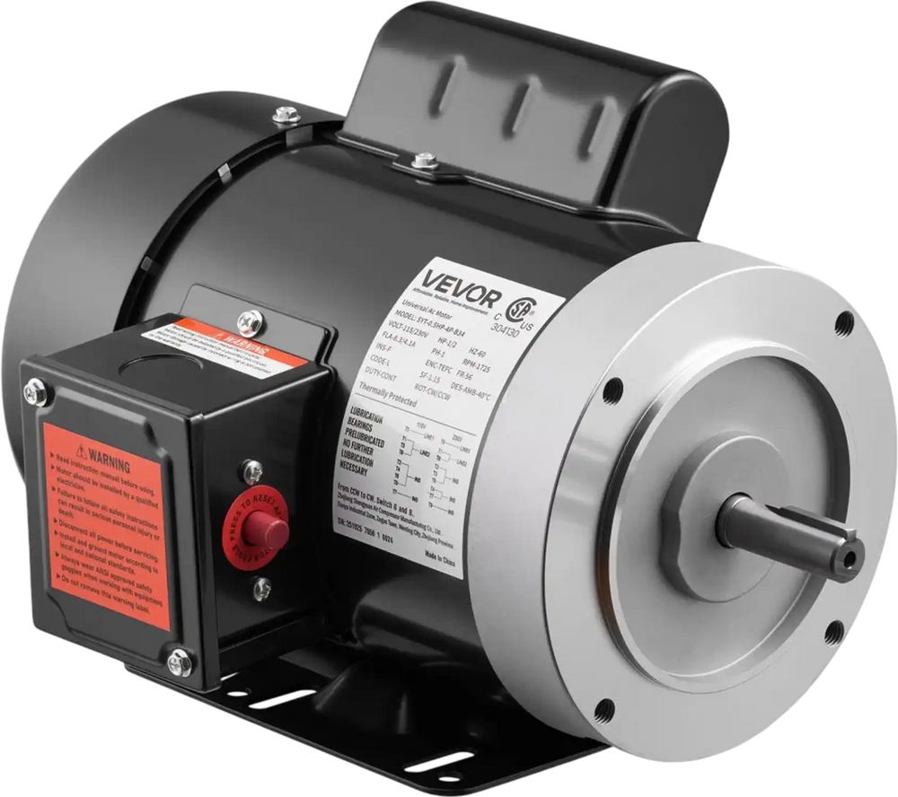 VEVOR 0.5 HP Electric Motor, 1725RPM Air Compressor Motor, CW/CCW Rotation, 5/8 inch Shaft Diameter, 1.88inch Shaft Length, 2.07N.m Torque, Single-Phase, TEFC Cooling, 115V/230V, 56 Frame