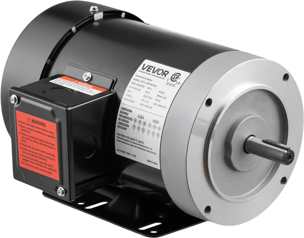 VEVOR 1 HP Electric Motor, 1725RPM Air Compressor Motor, CW/CCW Rotation, 5/8 inch Shaft Diameter, 1.88inch Shaft Length, 4.1N.m Torque, Three-Phase, TEFC Cooling, 230V/460V, 56C Frame