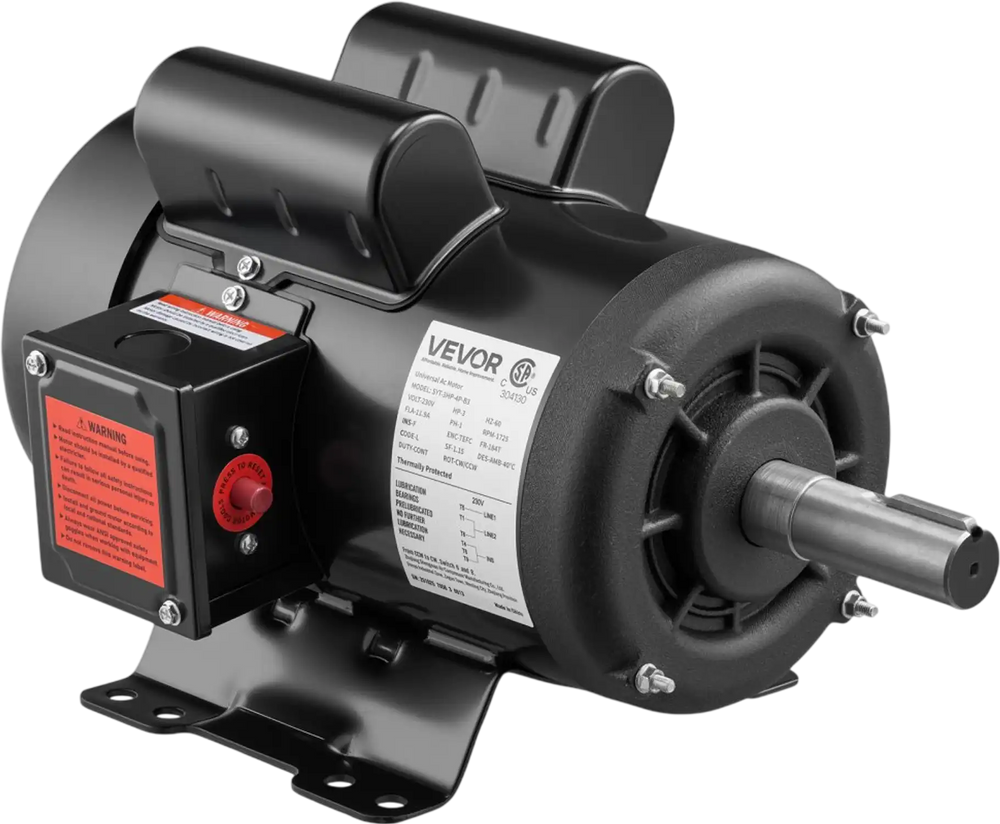 VEVOR 3 HP Electric Motor, 1750RPM Air Compressor Motor, CW/CCW Rotation, 1.125 inch Shaft Diameter, 2.75inch Shaft Length, 12N.m Torque, Single-Phase, TEFC Cooling, 230V, 184T Frame