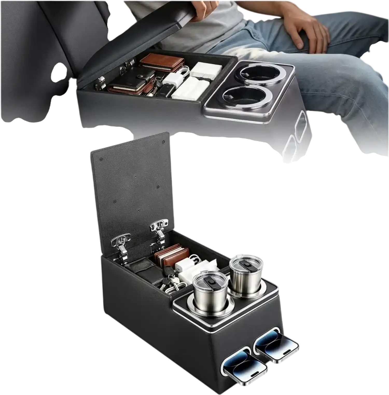 Vevor Center Console Universal Rear Bench Seat Armrest Storage Box with Cup & Phone Holders New