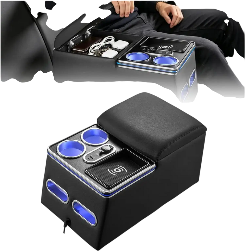 VEVOR Universal Rear Bench Seat Center Console with 7-Color Ambient Lights, Wireless/USB/Cigarette Lighter Charging, Back Seat Central Console Organizer with Cup & Phone Holders for MPV, Sedan, SUV