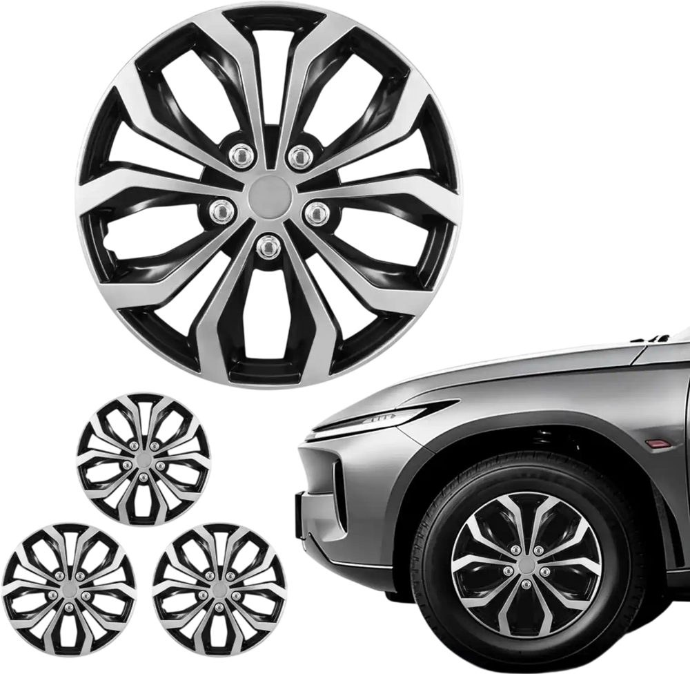 VEVOR Hubcaps Wheel Covers, 15 Inch Set of 4 Wheel Rim Cover Hubcaps OEM Replacement, R15 Size Snap On Car Hub Caps, Universal 10-Spoke ABS Tire Rim Caps for Hyundai Chevrolet Ford Honda, Silver/Black