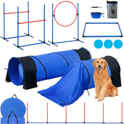 VEVOR Dog Agility Training Equipment, 7 PCS Set w/ Adjustable High Hurdles,6 Weave Poles,2 Tunnels,Jump Ring,Pause Box,Whistle,Foldable Bowl,Puppy Obstacle Course Kit w/ 3 Bags