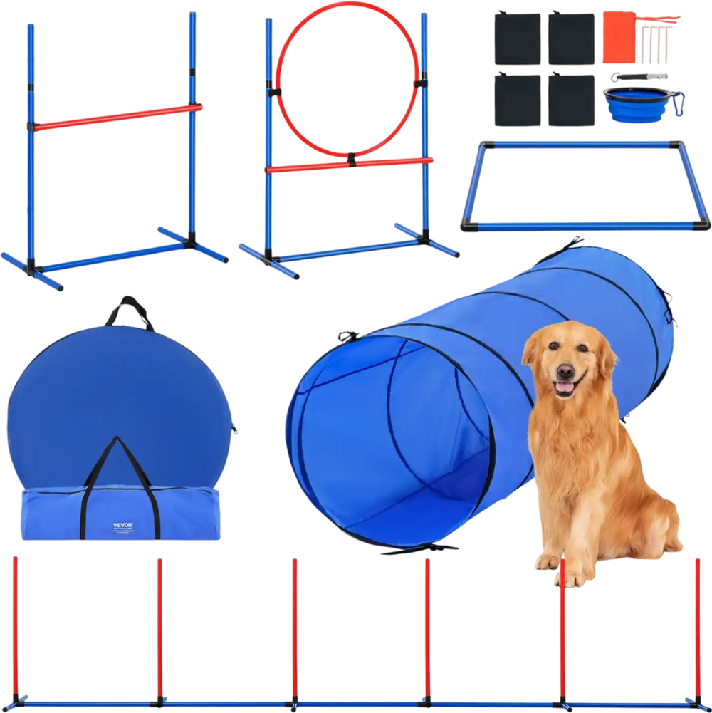 VEVOR Dog Agility Training Equipment, 5 PCS Set with Adjustable High Hurdles,6 Weave Poles, Tunnel, Jump Ring, Pause Box, Whistle, Foldable Bowl, Puppy Obstacle Course Kit with Storage Bags