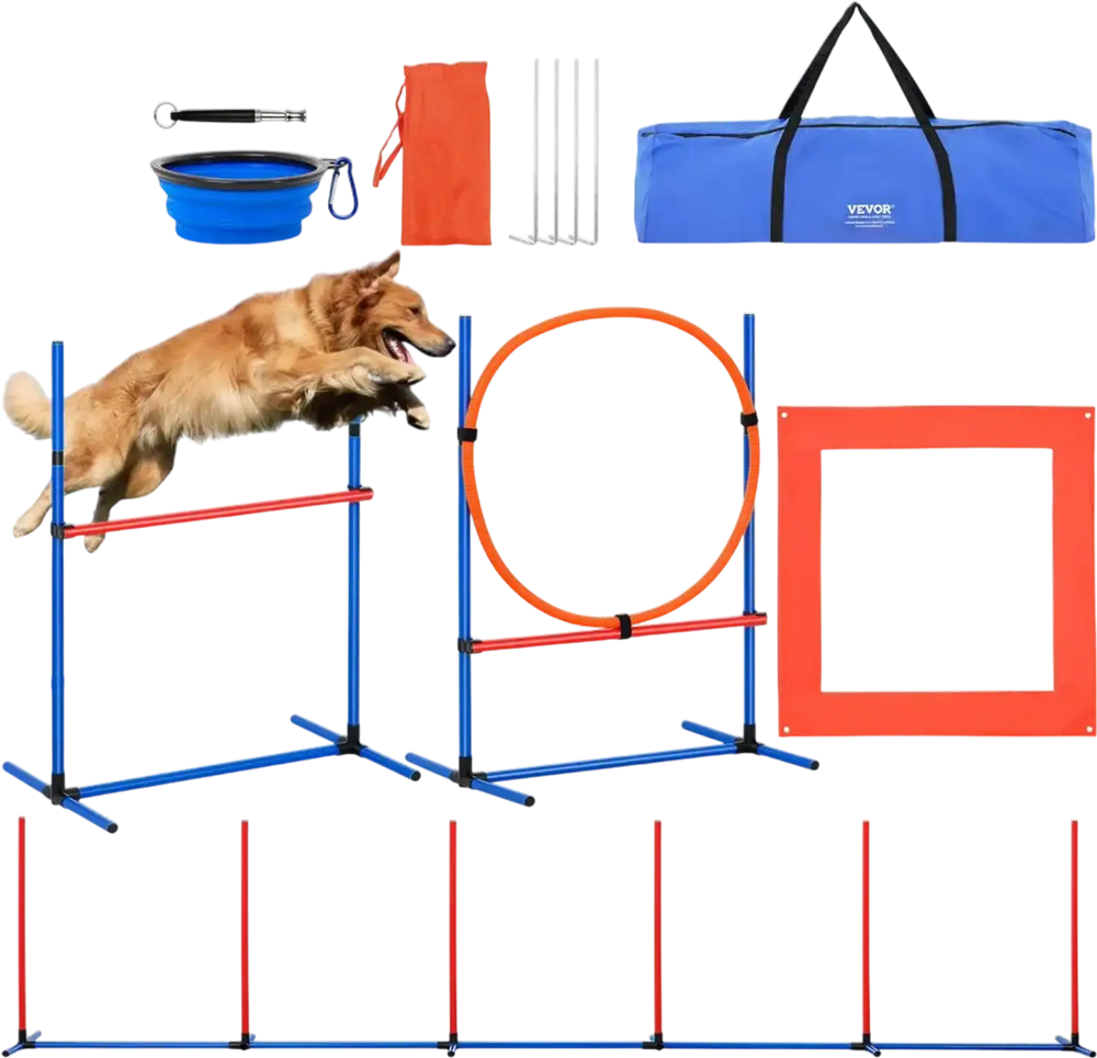 VEVOR Dog Agility Training Equipment, 4 PCS Set with Adjustable High Hurdles,6 Weave Poles,Jump Ring,Square Pause Box,Whistle,Foldable Bowl, Puppy Obstacle Course Kit for Backyard, Indoor, Outdoor