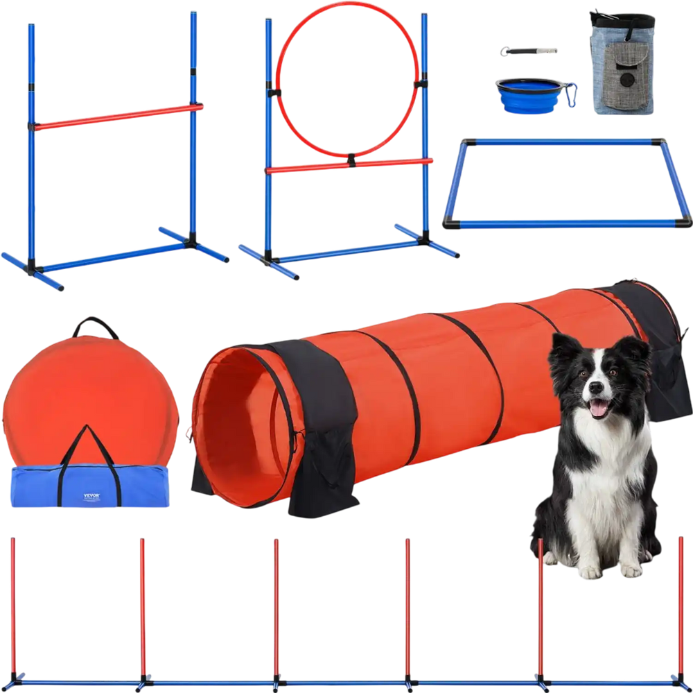 VEVOR Dog Agility Training Equipment, 5 PCS Set Upgrade with Adjustable High Hurdles,6 Weave Poles,Extended Tunnel,Jump Ring,Pause Box,Whistle,Foldable Bowl,Puppy Obstacle Course Kit with Storage Bag