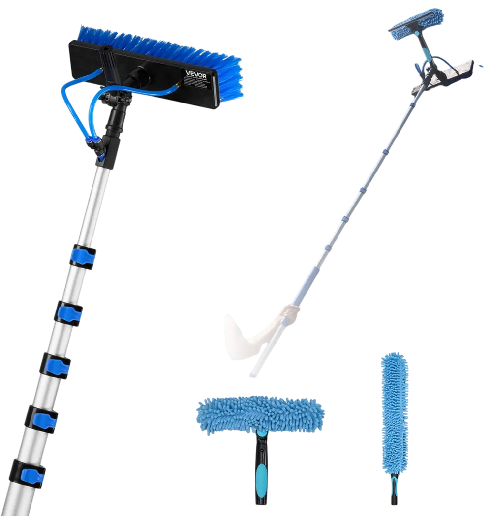VEVOR Solar Panel Cleaning Kit, 33 ft, Water Fed Pole Kit with Cleaning Brush, Soap Dispenser, Extendable Aluminum Telescopic Pole, 180° Rotatable Brush Head, for Roof Mounted Solar Panels, Windows