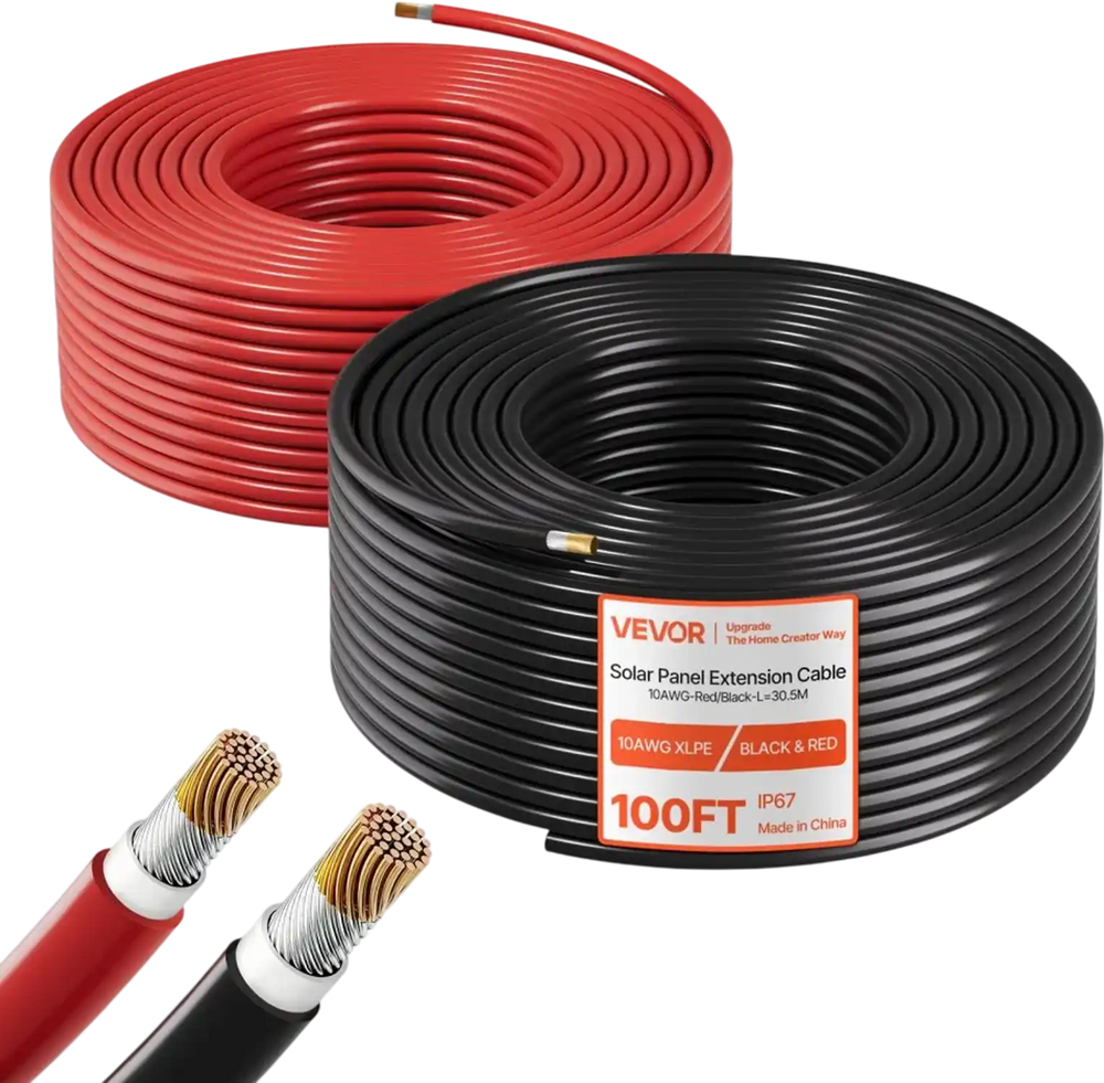 VEVOR Solar Panel Wire, 100 ft Black + 100 ft Red Kit, 10 AWG (6 mm²) Solar Panel Extension Cable, PV Tinned Copper Wire, for Outdoor Home Off-Grid Photovoltaic Systems Automotive RV Boat Marine, IP67