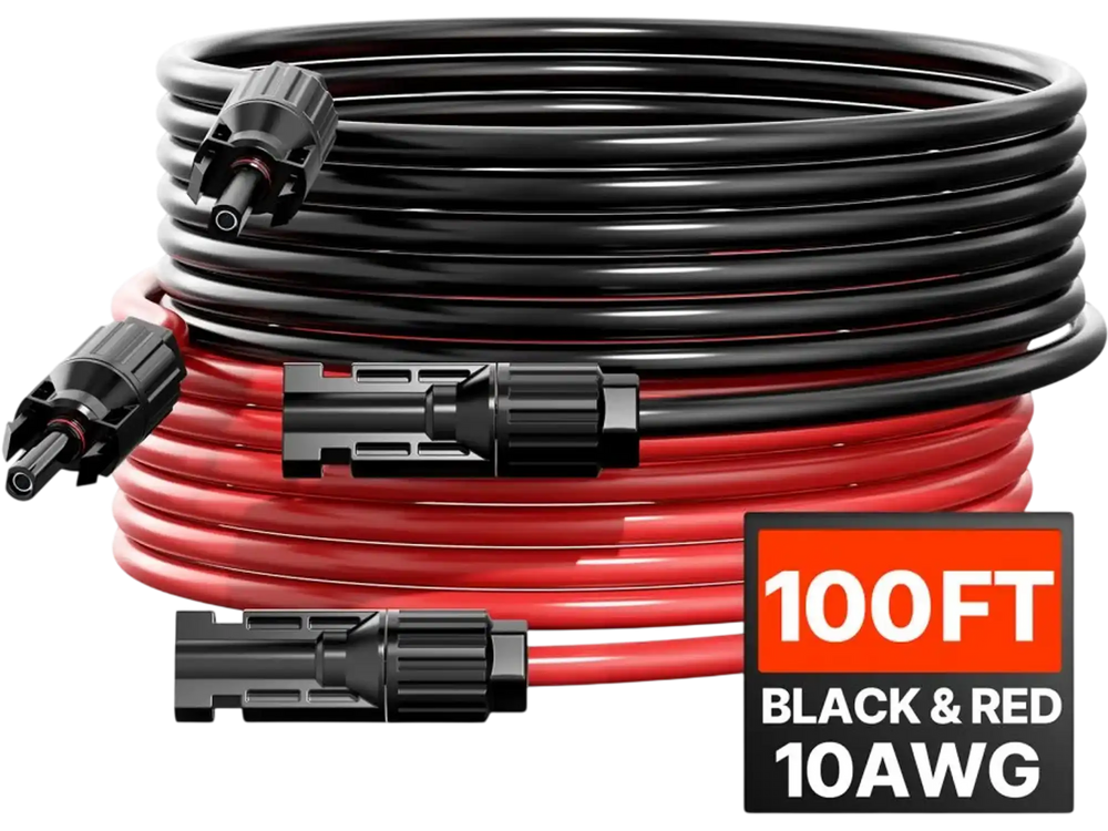 VEVOR 100FT Solar Panel Extension Cable, 10AWG Solar Extension Cable Wire with Female & Male Waterproof Connectors, 6mm² PV Cable for Home, Ship and RV Solar Panels, 100FT Black + 100FT Red (Set of 2)
