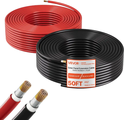 Vevor Solar Panel Extension Cable 50' Black + 50' Red 10 AWG PV Tinned Copper Wire Kit New