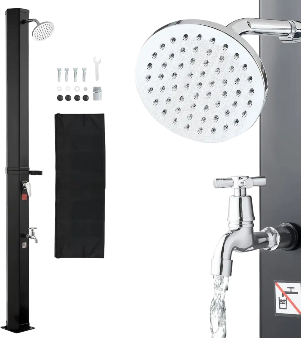 VEVOR 9.2 Gal Solar Heated Shower, 6.4ft Showerhead Height Outdoor Shower, with Foot Faucet & Soap Box Rack, Hot & Cold Water Adjustment, Freestanding for Backyard Poolside Beach Pool,Black