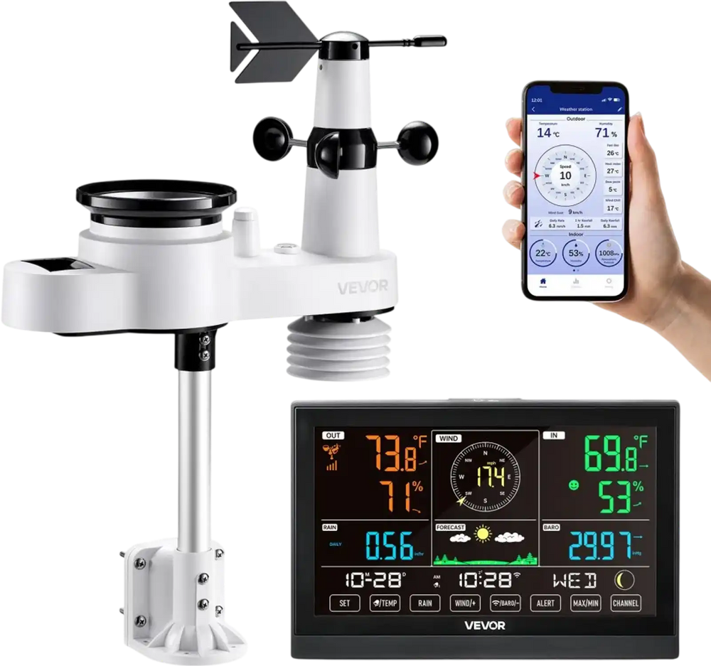 VEVOR 5-in-1 Wi-Fi Weather Station, 7.5-Inch VA Display, Wireless Solar Powered Outdoor Sensor, Rain Gauge, Indoor Outdoor for Weather Forecast, Wind Speed Direction, Temperature, Humidity, Rainfall