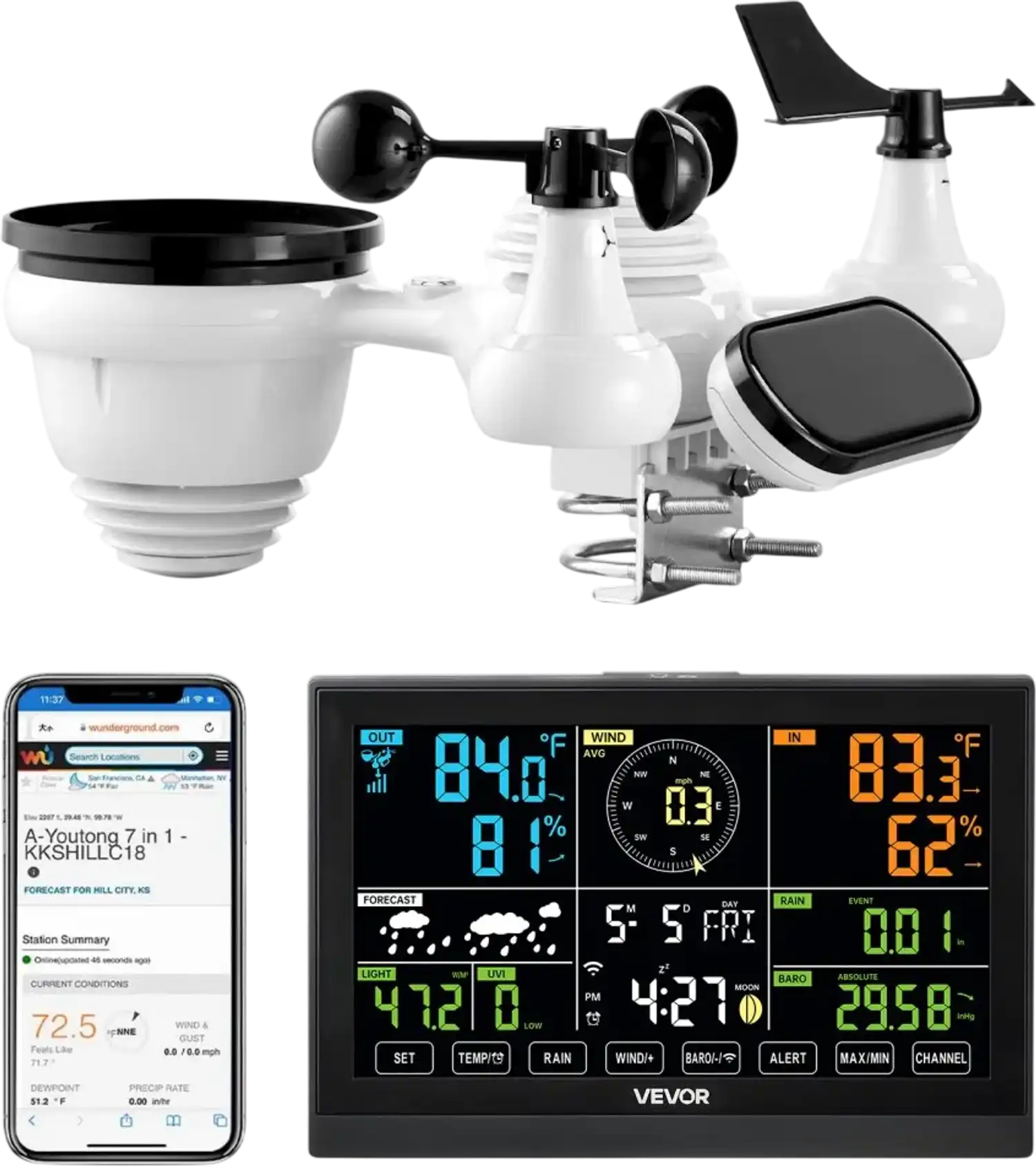 Vevor Weather Station 7-in-1 Wi-Fi Solar Powered Wireless Outdoor Sensor with 7.5