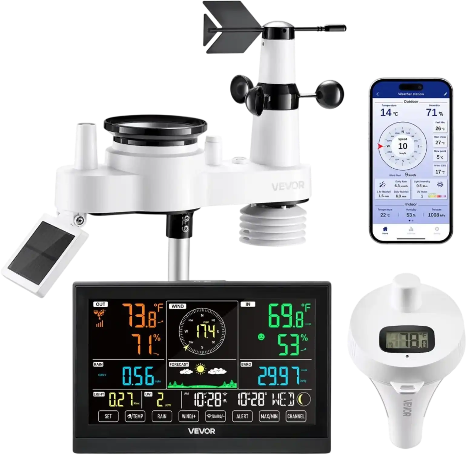 Vevor Weather Station 7-in-1 Wi-Fi Wireless Outdoor Sensor Pool Thermometer 7.5