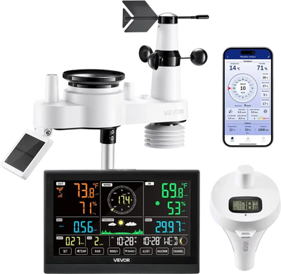 VEVOR 7-in-1 Wi-Fi Weather Station with APP, 7.5 in Display, Wireless Solar Powered Outdoor Sensor, with Pool Thermometer, Rain Gauge, Indoor Outdoor for Weather Forecast, Wind Speed, Pool Temperature