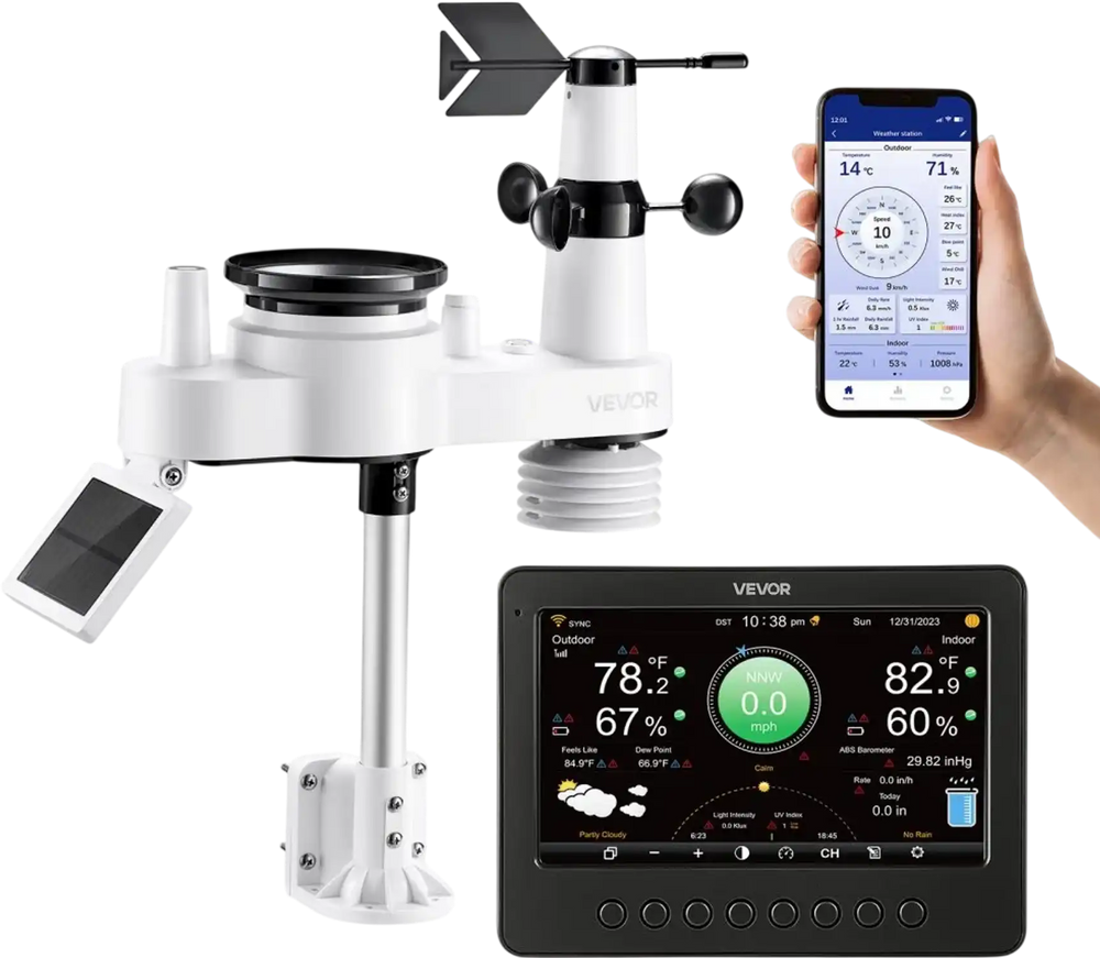 VEVOR 7-in-1 Wi-Fi Weather Station, 7-Inch TFT Display, Wireless Solar Powered Outdoor Sensor, Rain Gauge, Indoor Outdoor for Weather Forecast, Wind Speed Direction, Temperature, Humidity, Rainfall
