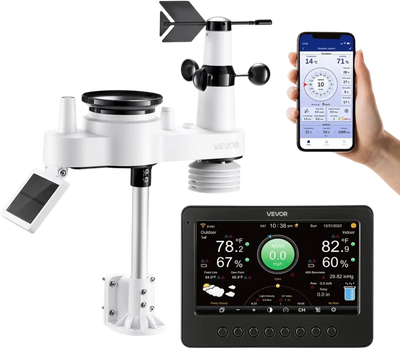 VEVOR 7-in-1 Wi-Fi Weather Station, 7-Inch TFT Display, Wireless Solar Powered Outdoor Sensor, Rain Gauge, Indoor Outdoor for Weather Forecast, Wind Speed Direction, Temperature, Humidity, Rainfall