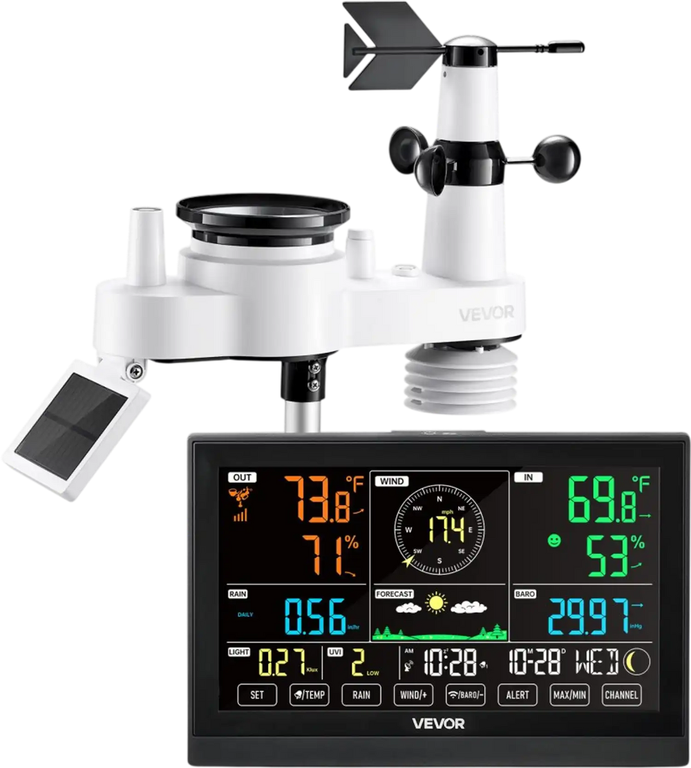 VEVOR 7-in-1 Wireless Weather Station, 7.5-Inch VA Display, Solar Powered Outdoor Sensor, Rain Gauge, Indoor Outdoor for Weather Forecast, Temperature, Humidity, Wind Speed and Direction (No WiFi)