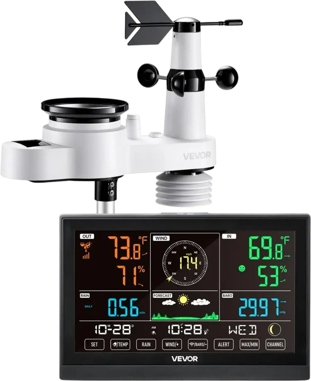VEVOR 5-in-1 Wireless Weather Station, 7.5-Inch VA Display, Solar Powered Outdoor Sensor, Rain Gauge, Indoor Outdoor for Weather Forecast, Temperature, Humidity, Wind Speed and Direction (No WiFi)