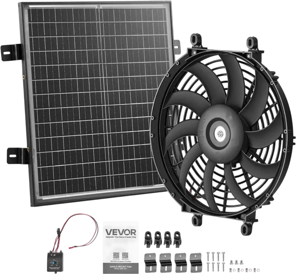 VEVOR Gable Mount Fan, 12 inch Solar-Powered Attic Vent Exhaust Fan Black, 1300 CFM Cooling & Ventilation for Roof, Greenhouse, Garage, Shop, with Thermostat & Mounting Brackets, Lightweight PP