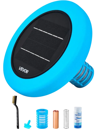 VEVOR Solar Pool Ionizer, Round Copper Pool Ionizer Up to 45000 Gal, Floating Automatic Water Cleaner and Purifier, Chlorine Free Water, with Copper Anode, Spring, Brush and Filter for Pools & Spas