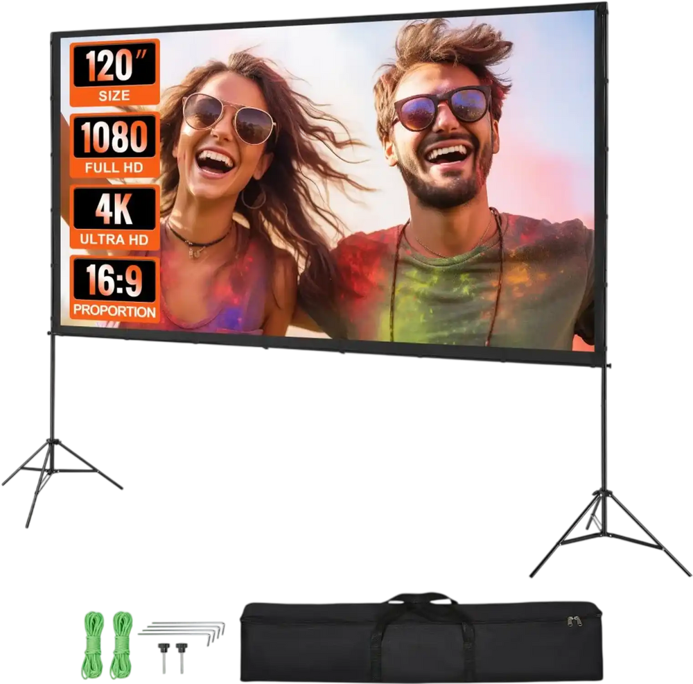 VEVOR Projector Screen with Stand, 120 inch 16:9 4K 1080 HD Outdoor Movie Screen with Stand, Wrinkle-Free Projection Screen with Tripods and Carry Bag, for Home Theater Cinema Backyard Movie Night