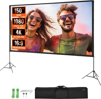 VEVOR Projector Screen with Stand, 150 inch 16:9 4K 1080 HD Outdoor Movie Screen with Stand, Wrinkle-Free Projection Screen with Tripods and Carry Bag, for Home Theater Cinema Backyard Movie Night