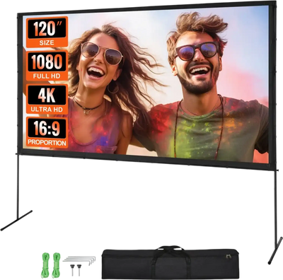 VEVOR Projector Screen with Stand, 120 inch 16:9 4K 1080 HD Outdoor Movie Screen with Stand, Wrinkle-Free Projection Screen with Bar Feet and Carry Bag, for Home Theater Cinema Backyard Movie Night