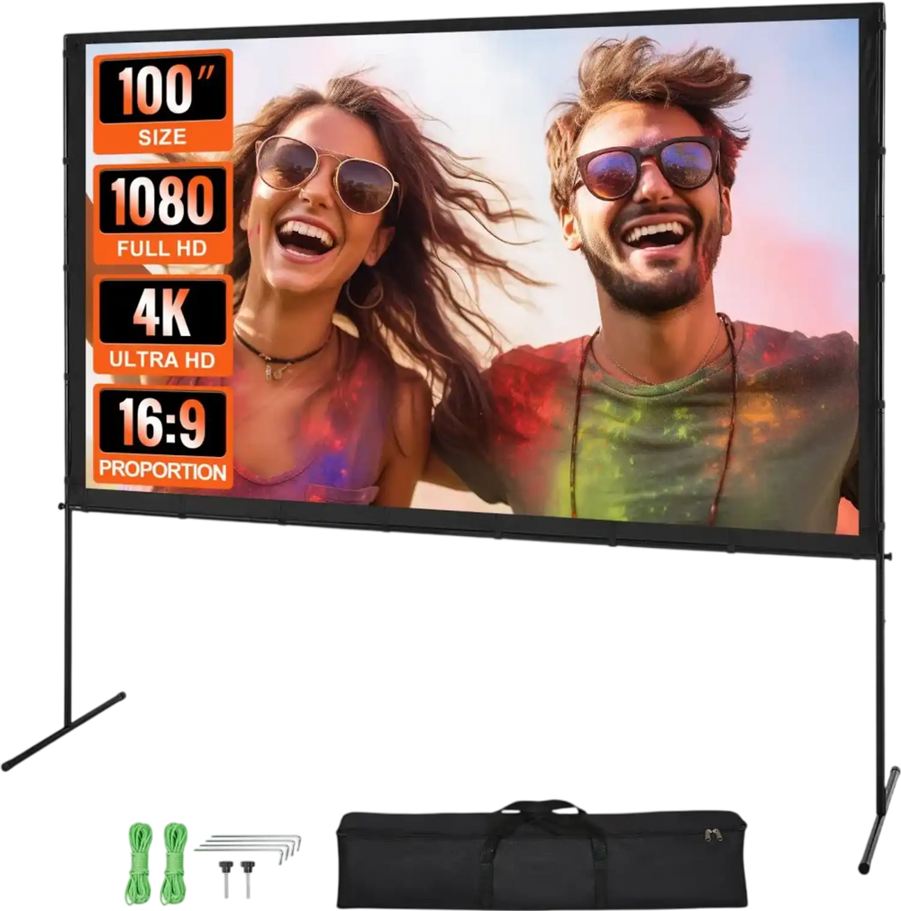 VEVOR Projector Screen with Stand, 100 inch 16:9 4K 1080 HD Outdoor Movie Screen with Stand, Wrinkle-Free Projection Screen with Bar Feet and Carry Bag, for Home Theater Cinema Backyard Movie Night