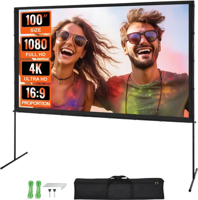 VEVOR Projector Screen with Stand, 100 inch 16:9 4K 1080 HD Outdoor Movie Screen with Stand, Wrinkle-Free Projection Screen with Bar Feet and Carry Bag, for Home Theater Cinema Backyard Movie Night