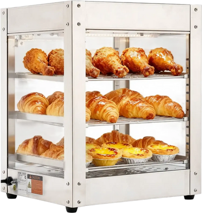 VEVOR 3-Tier Commercial Food Warmer Display, 800W Food Display Warmer with LED Light, Adjustable Shelf and Stainless Steel Frame, 86℉~185℉ Air Heating, 34L for Hamburger, Pizza, Bread, Fried Chicken