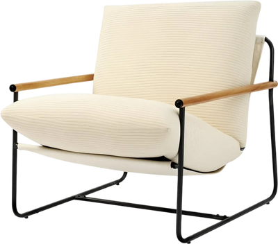VEVOR Accent Chair, Metal Framed Chair with Wooden Armrests, Modern Cozy Upholstered Armchair, with Soft Foam Cushioning, Detachable Cushion, for Living Room, Bedroom, Reading Room, Office, Beige