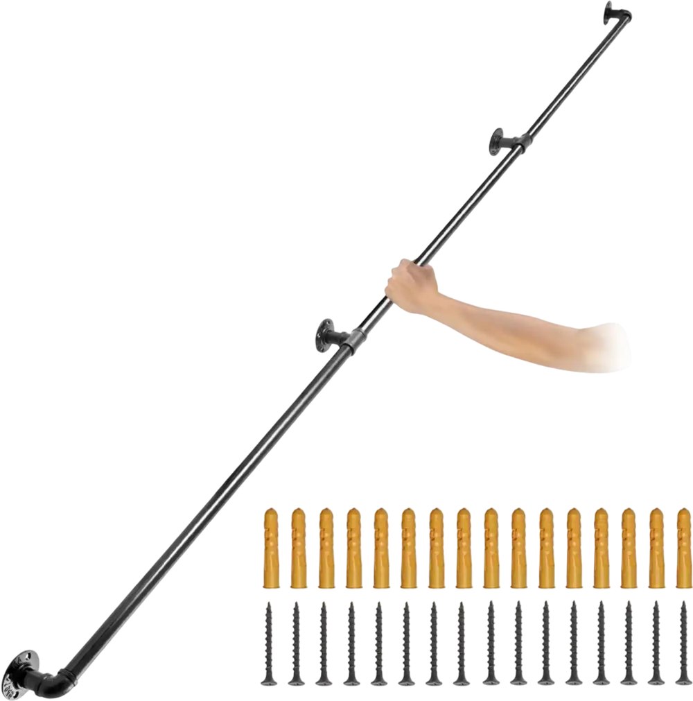VEVOR Pipe Stair Handrail, 10FT Staircase Handrail, 440LBS Load Capacity Carbon Steel Pipe Handrail, Industrial Pipe Handrail with Wall Mount Support, Round Corner Wall Handrailing for Indoor, Outdoor
