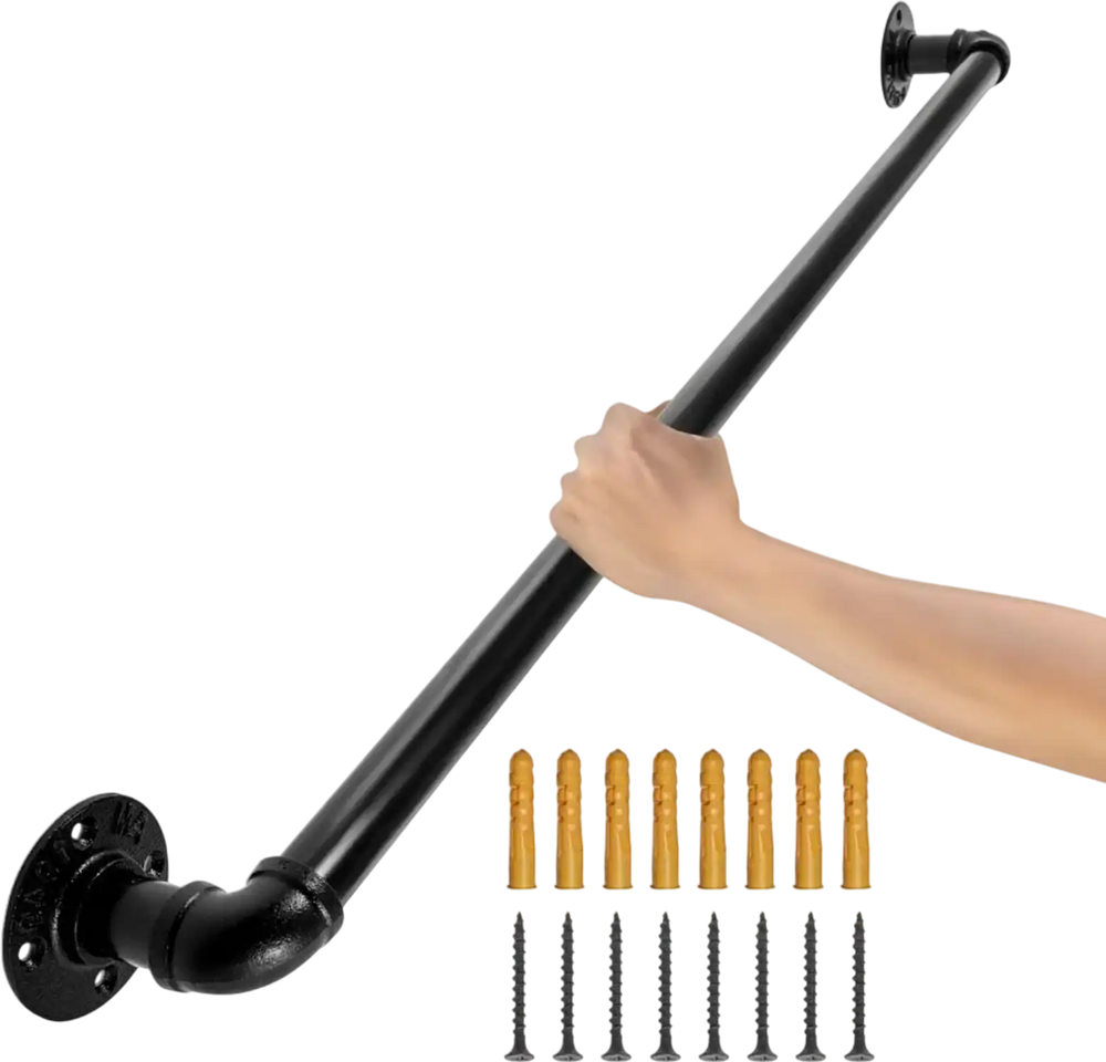 VEVOR Pipe Stair Handrail, 2FT Staircase Handrail, 440LBS Load Capacity Carbon Steel Pipe Handrail, Industrial Pipe Handrail with Wall Mount Support, Round Corner Wall Handrailings for Indoor, Outdoor