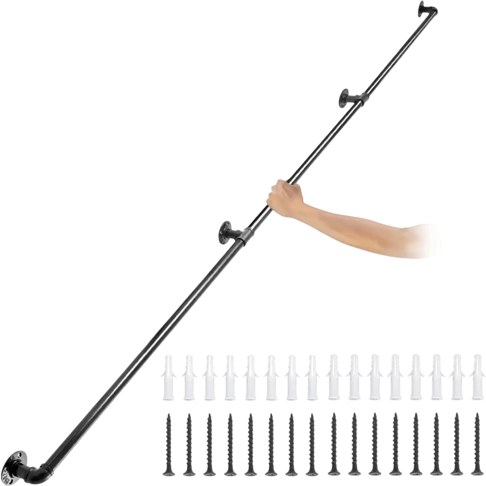 VEVOR Pipe Stair Handrail, 9FT Staircase Handrail, 440LBS Load Capacity Carbon Steel Pipe Handrail, Industrial Pipe Handrail with Wall Mount Support, Round Corner Wall Handrailings for Indoor, Outdoor