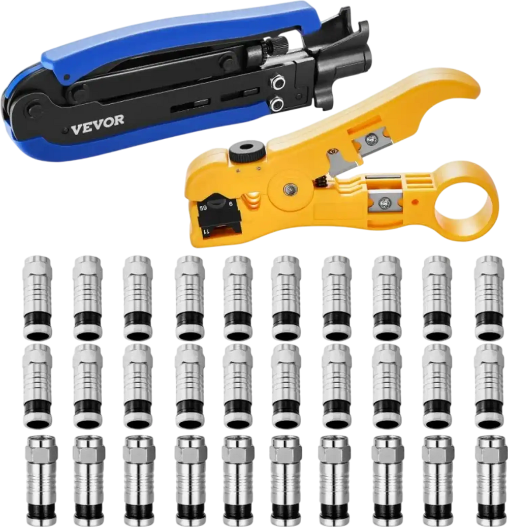VEVOR Coax Cable Crimper Kit, Coaxial Cable Compression Kit with a Crimping Tool, a Wire Stripper, and 30PCS F-Type RG6 Connector, Compatible with RG6, RG59, RG11 Coax Cable, Lightweight & Portable
