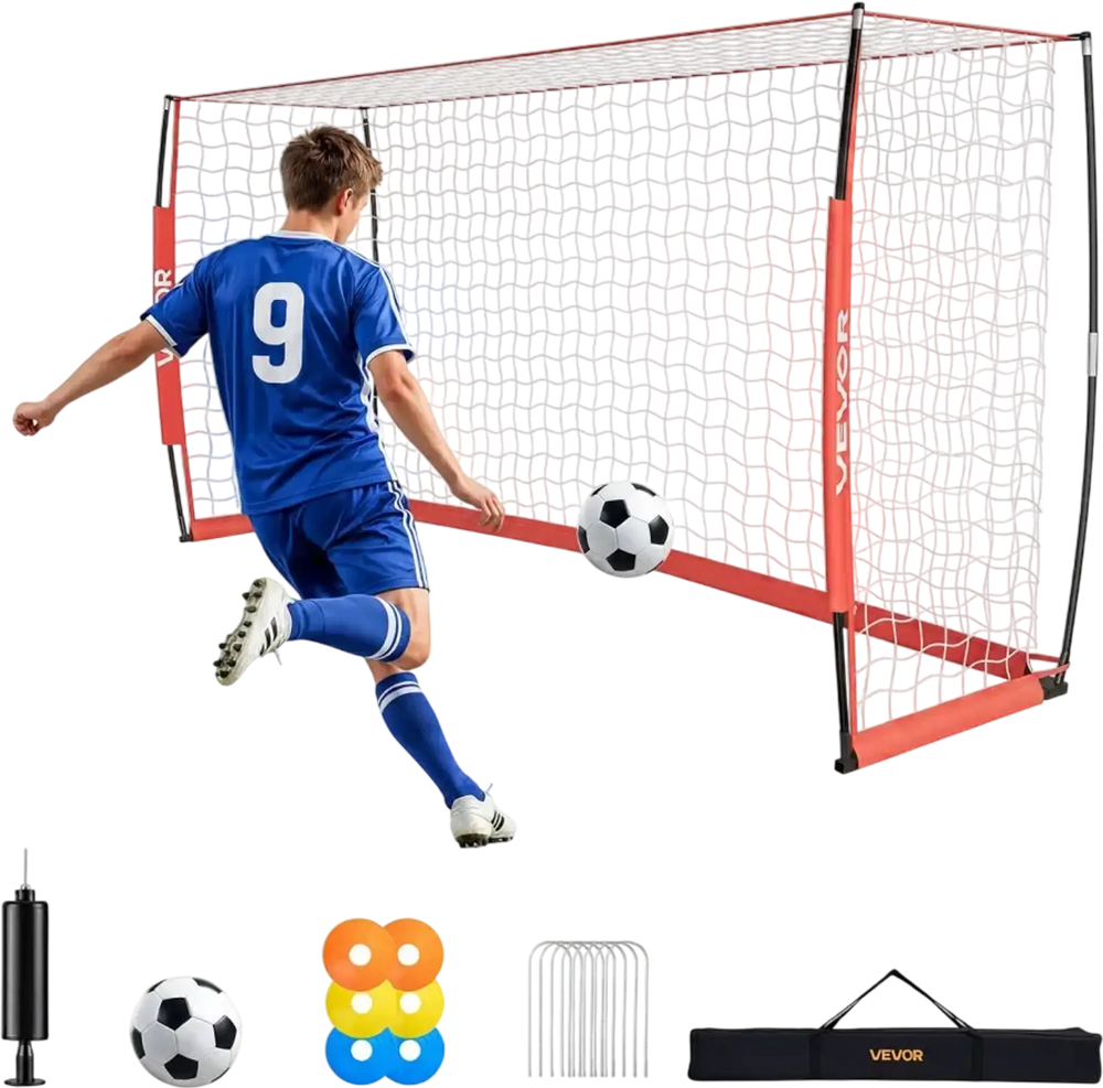 VEVOR Soccer Goal 12 x 6 FT Soccer Net for Backyard Collapsible Base Red, Portable & Quick Setup Set, with Metal Base, Carry Bag, Ground Stakes, for Youth & Adults Outdoor Backyard Practice Training