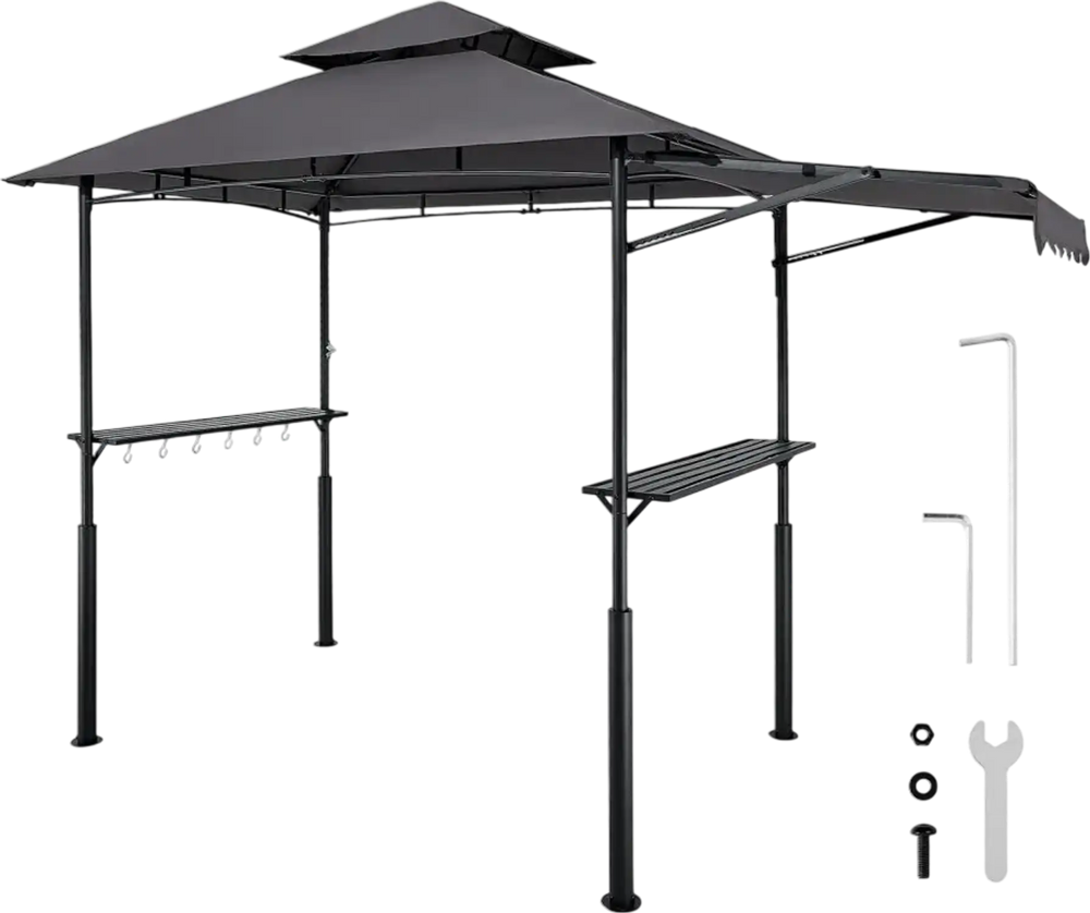 VEVOR Grill Gazebo, 8 x 5 ft Double-Tiered Top, Reinforced BBQ Gazebo with Extra Awning, Powder-Coated Steel Patio Grill Shelter with 2 Side Shelves & Hooks, Outdoor Grilling Canopy for Garden