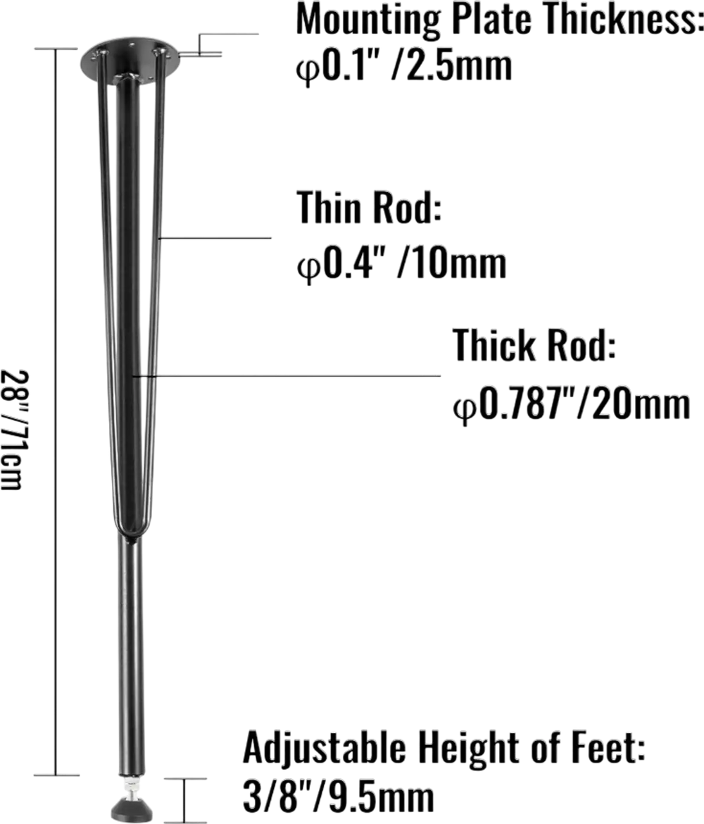 VEVOR 28" Hairpin Desk Legs, 4-Pack, Durable 3-Rod Iron Bench Supports for DIY Tables, Includes Rubber Feet, Black