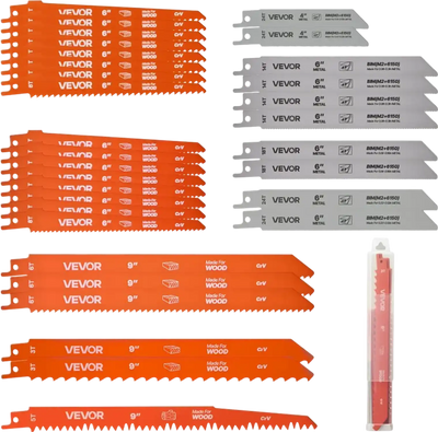 VEVOR Reciprocating Saw Blades, 32-Piece, Various Sizes Bi-Metal Reciprocating Saw Blade Set with Universal Shank, for Metal and Wood Cutting, Sharp Teeth for Fast and Smooth Cuts, Orange and Gray