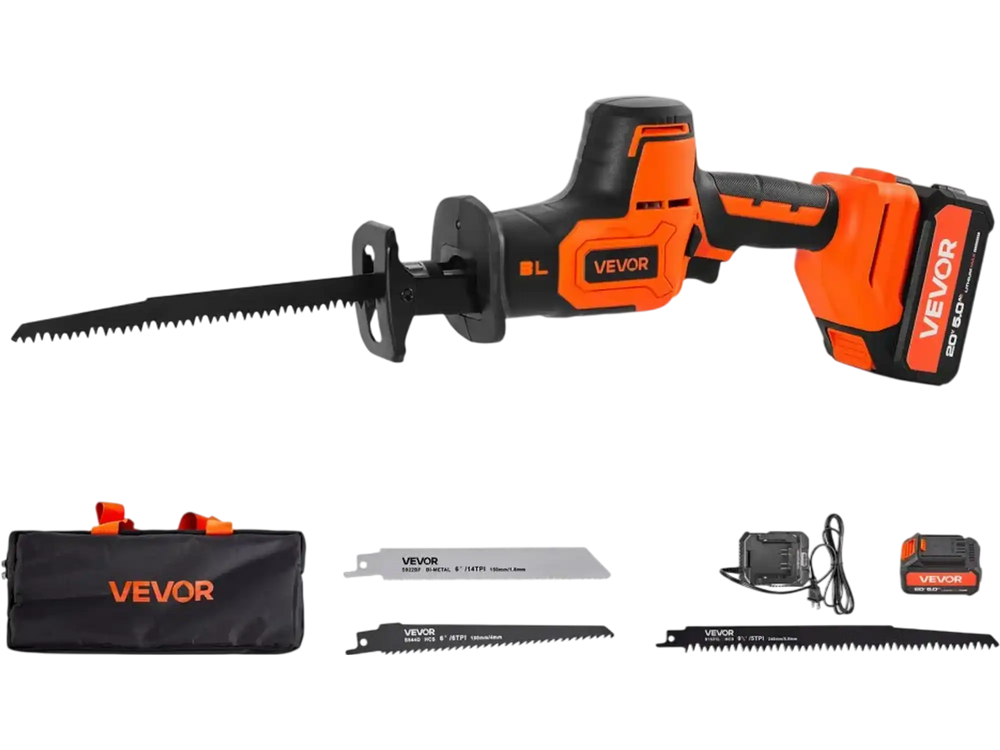 VEVOR Cordless Reciprocating Saw, 20 V, 3000 SPM Variable Speed, 1 inch Stroke Length, Electric Reciprocating Saw with Battery, Charger, 8 Blades, and Carrying Bag, for Wood, Metal and Plastic Cutting