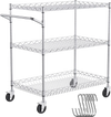VEVOR Kitchen Utility Cart, 3 Tiers, Wire Rolling Cart with 661LBS Capacity, Steel Service Cart on Wheels, Metal Storage Trolley with 80mm Deep Basket Curved Handle 6 Hooks, for Indoor and Outdoor Use