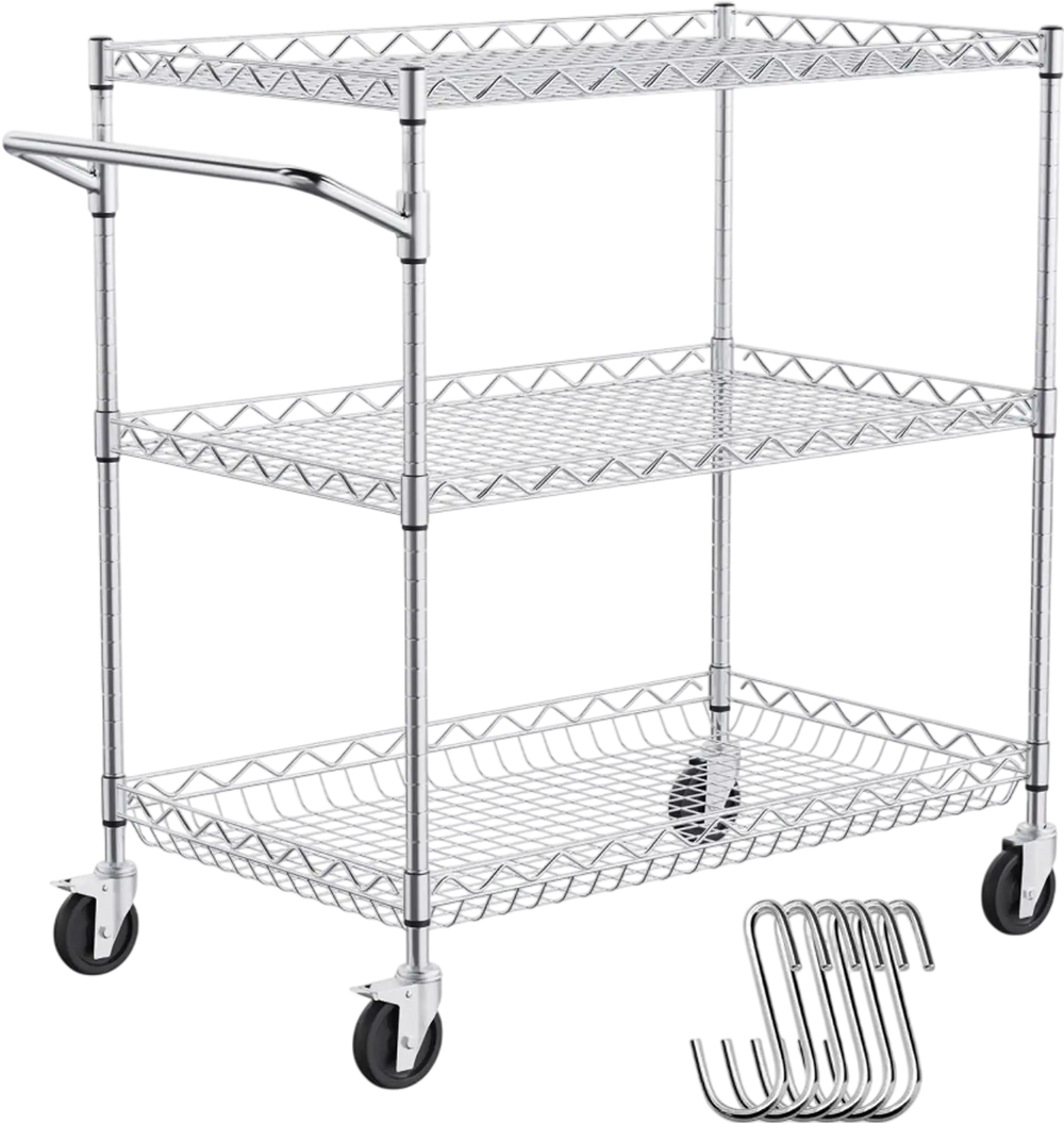 VEVOR Kitchen Utility Cart, 3 Tiers, Wire Rolling Cart with 661LBS Capacity, Steel Service Cart on Wheels, Metal Storage Trolley with 80mm Deep Basket Curved Handle 6 Hooks, for Indoor and Outdoor Use