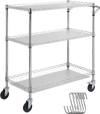 VEVOR Kitchen Utility Cart, 3 Tiers, Wire Rolling Cart with 661LBS Capacity, Steel Service Cart on Wheels, Metal Storage Trolley with 80mm Basket Curved Handle PP Liner 6 Hooks, for Indoor and Outdoor