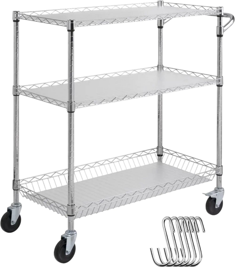 VEVOR Kitchen Utility Cart, 3 Tiers, Wire Rolling Cart with 661LBS Capacity, Steel Service Cart on Wheels, Metal Storage Trolley with 80mm Basket Curved Handle PP Liner 6 Hooks, for Indoor and Outdoor